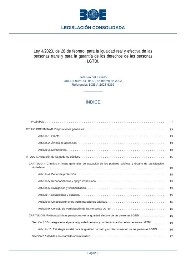 Ley 4/2023, de 28 de febrero, para la igualdad real y efectiva de las personas trans y para la garantía de los derechos de las personas  LGTBI