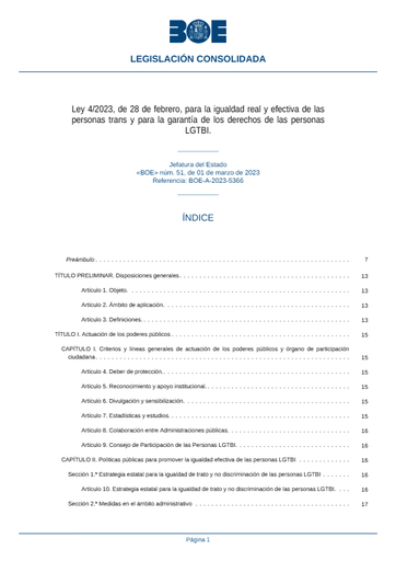 Ley 4/2023, de 28 de febrero, para la igualdad real y efectiva de las personas trans y para la garantía de los derechos de las personas  LGTBI